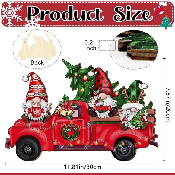 NWT- Adorable- Gnome Trio- Wooden Holiday Farmtruck Decoration Sign - Picture 4 of 6